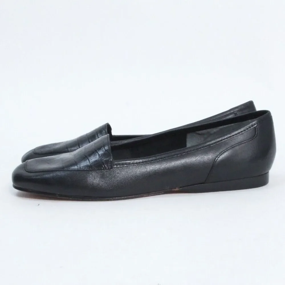Enzo Angiolini Women's Black Croc Embossed Leather Square Toe Ballet Flats 8M